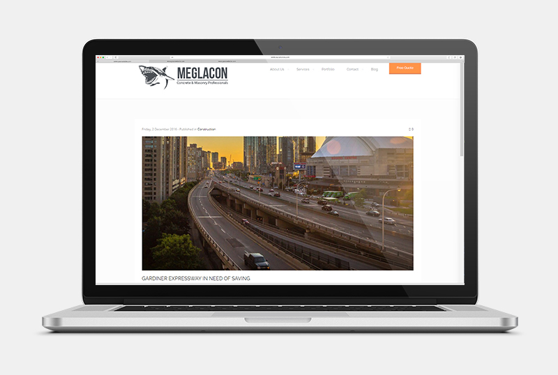 A mockup of the Meglacon Concrete website with the article about the Gardiner Express Way displayed