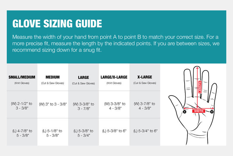 A glove sizing chart for eCommerce listings