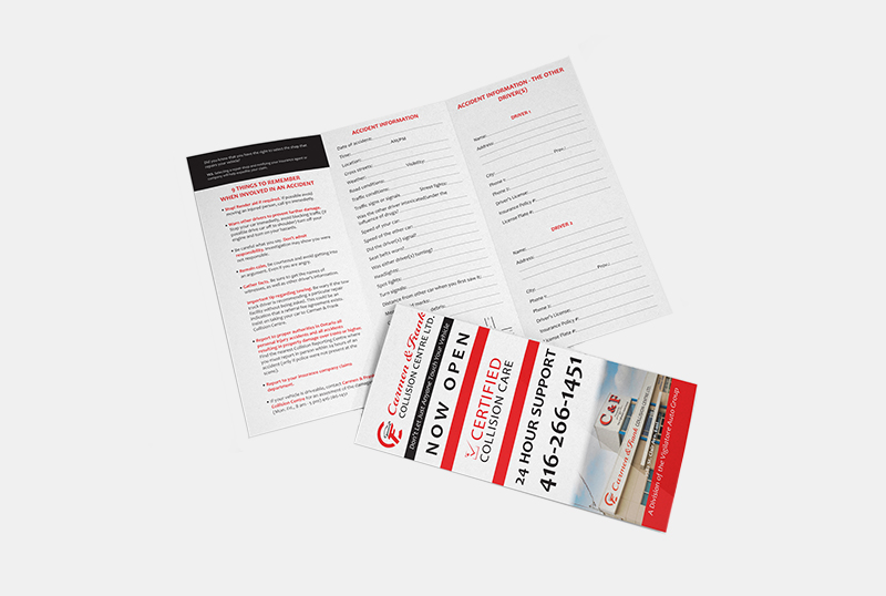 A trifold brochure created for Carmen and Frank Collision Centre